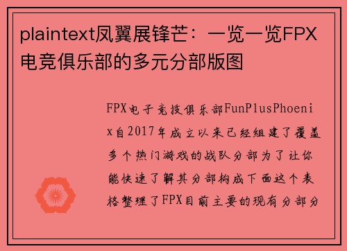 plaintext凤翼展锋芒：一览一览FPX电竞俱乐部的多元分部版图